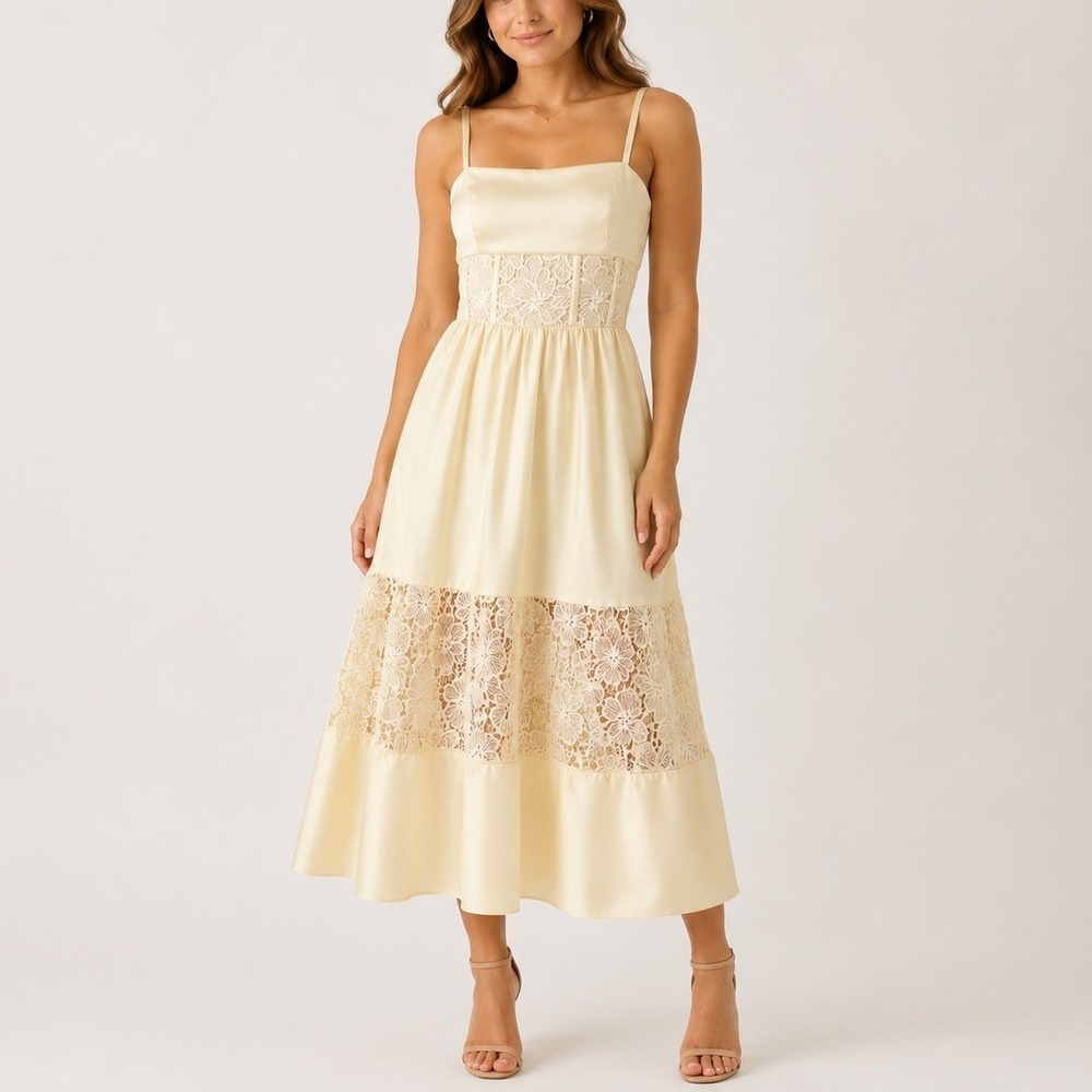 BHLDN Gabriella Dress Womens M Butter Yellow Lace Square Neck Bridal Gown‎ READ